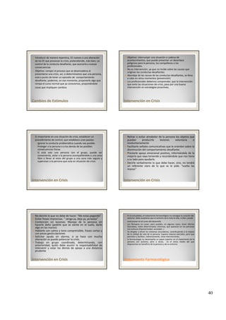 40
Introducir de manera repentina, EE nuevos o una alteración 
de los EE que provocan la crisis, pretendiendo, más bien, un 
control de la conducta desafiante, que asociarla a nuevas 
consecuencias
Objetivo: romper el proceso que se desencadena al 
presentarse una crisis, así, si determinamos que una persona, 
está a punto de tener un episodio de  comportamiento 
desafiante podemos en ese momento proponerle algo que
Cambios de EstímulosCambios de Estímulos
desafiante, podemos, en ese momento, proponerle algo que 
rompa el curso normal que ya conocemos, proponiéndole 
cosas que impliquen cambios
Objetivo: interrumpir una situación o cadena de 
acontecimientos, que puede presentar un desenlace 
peligroso para la persona, los compañeros o los 
profesionales. 
No es intervención, ya que no incide sobre las causas que 
originan las conductas desafiantes.
Abordaje de las causas de las conductas desafiantes, se lleva 
a cabo en otros momentos (prevención)
L f i l d b d l i ió
Intervención en CrisisIntervención en Crisis
Los profesionales debemos comprender, que la intervención 
que evite las situaciones de crisis, pasa por una buena 
intervención en estrategias proactivas,
Es importante en una situación de crisis, establecer un 
procedimiento de control, que establezca unas pautas:
◦ Ignorar la conducta problemática cuando sea posible.
◦ Proteger a la persona o a los demás de las posibles 
consecuencias físicas 
◦ Si está solo una persona con el grupo, puede ser
conveniente, aislar a la persona acompañándole a una zona
libre o llevar al resto del grupo a una zona más segura y
Intervención en CrisisIntervención en Crisis
supervisar a la persona que esta en situación de crisis.
Retirar o evitar alrededor de la persona los objetos que
puedan producirle lesiones voluntaria e
involuntariamente
Facilitarle señales comunicativas que le orienten sobre la
disminución del comportamiento desafiante.
Prestarle apoyo emocional positivo, informándole de la
mejoría que vaya teniendo y recordándole que nos tiene
a su lado para ayudarle
Intervención en CrisisIntervención en Crisis
a su lado para ayudarle.
Decirle verbalmente lo que debe hacer, sino, no tendrá
un referente claro de lo que se le pide. “suelta las
manos”
No decirle lo que no debe de hacer. “Me estas pegando”
Evitar frases imprecisas. “ venga ya, deja ya, ya basta”
Contención sin lesiones. Manejo de la persona sin
hacerle daño (pedirle que se siente en el suelo, darle
algo en las manos)
Hablarle con calma y tono comprensible, frases cortas y
con pocas gesticulaciones
Solicitar ayuda sin alarma, si se hace con mucha
alteración se puede potenciar la crisis
Intervención en CrisisIntervención en Crisis
alteración se puede potenciar la crisis.
Trabajo en grupo coordinado, determinando, con
anterioridad, quién debe asumir la responsabilidad de
intervenir y estar los demás de apoyo a una distancia
prudente
En la actualidad, el tratamiento farmacológico no consigue la curación del 
autismo. Debe aceptarse que el autismo dura toda la vida, si bien, puede 
evolucionar en el curso del desarrollo
Los fármacos no curan, pero pueden, en algunos casos, tener efectos
favorables, sobre determinados síntomas, que aparecen en las personas
con autismo.(hiperactividad, ansiedad...)
Va dirigido a aliviar los síntomas secundarios, contribuyendo a la mejora
de la calidad de vida de la persona. Supone mejoras parciales, pero que
permiten y facilitan, indirectamente, otras intervenciones.
la farmacología no desempeña un papel superior en el tratamiento de la
Tratamiento FarmacológicoTratamiento Farmacológico
la farmacología no desempeña un papel superior en el tratamiento de la
persona con autismo, pero a veces, es el único medio del que
disponemos en beneficio de la persona y de su entorno.
 