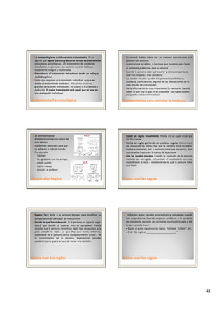 41
La farmacología no sustituye otros tratamientos. Es un 
agente que apoya la eficacia de otras formas de intervención
(educativas, psicológicas...) El tratamiento  de conductas 
desafiantes en personas con autismo es, ante todo, un 
tratamiento integral y multimodal. 
Entendemos el tratamiento del autismo desde un enfoque 
multidisciplinar
Cada caso requiere un tratamiento individual ya que no
Tratamiento FarmacológicoTratamiento Farmacológico
Cada caso requiere un tratamiento individual, ya que no 
existe un tratamiento estándar. El autismo presenta 
grandes variaciones individuales, en cuanto a la gravedad y 
evolución. El mejor tratamiento será aquél que se base en 
una evaluación individual.
Es normal hablar sobre dar un entorno estructurado a la
persona con autismo.
La estructura se refiere, a las cosas que hacemos para hacer 
el ambiente predecible para la persona
Cuando la persona sabe qué esperar y cómo comportarse, 
está más relajado...más satisfecho 
Las ayudas visuales ayudan a la persona a controlar su 
Ayudas visuales para controlar la conductaAyudas visuales para controlar la conducta
conducta, clarificándole, algunas de las abstracciones de la 
vida difíciles de comprender. 
Darle información es muy importante. Es necesario, hacerle 
saber, lo que es y lo que no es aceptable. Las reglas ayudan 
porque les indican cómo actuar. 
Se podría empezar 
estableciendo algunas reglas de 
aula básicas. 
Pueden ser generales para que 
se apliquen a todo el mundo. 
Por ejemplo:
◦ Siéntate
◦ Se agradable con tus amigos
Desarrollar ReglasDesarrollar Reglas
◦ Se agradable con tus amigos
◦ estate quieto
◦ haz tu trabajo
◦ escucha al profesor
Expón las reglas visualmente. Ponlas en un lugar en el que
sea fácil verlas
Revisa las reglas partiendo de una base regular. Comienza el
día revisando las reglas. Haz que la persona mire las reglas.
Vuelve a revisarlas, tan a menudo como sea necesario, para
mantenerlas frescas en la mente de la persona
Usa las ayudas visuales. Cuando la conducta de la persona
necesita ser corregida comunícale el vocabulario correcto
Cómo usar las reglasCómo usar las reglas
necesita ser corregida, comunícale el vocabulario correcto,
mostrándole la regla y estableciendo lo que la persona tiene
que hacer
Espera. Para darle a la persona tiempo, para modificar su
comportamiento y encajar las indicaciones.
Decide lo que hacer después. Si la persona no sigue la regla,
habrá que decidir si esperar más es apropiado. Podría
suceder que la persona necesitase algún tipo de ayuda o guía
para cumplir la regla. Lo que hay que hacer, entonces,
dependerá de la persona,de su comportamiento actual y de
tu conocimiento de la persona Experiencias pasadas
Cómo usar las reglasCómo usar las reglas
tu conocimiento de la persona. Experiencias pasadas
ayudarán como guía a la hora de tomar una decisión.
Utiliza las reglas visuales para redirigir al estudiante cuando
hay un problema. Cuando surge un problema o la conducta
del estudiante necesita ser corregida, muéstrale la regla y dile
lo que necesita hacer:
• Expón el guión siguiendo las reglas: “siéntate, “cállate”, etc.
• O di: “La regla es_______________________”
Cómo usar las reglasCómo usar las reglas
 