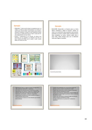 44
EjemploEjemplo
PROBLEMA: T. tarda mucho tiempo en prepararse para ir al
colegio. Su madre se queja continuamente. Él se sienta, en
ropa interior, viendo la tele, cuando debería estar vestido y
tomando el desayuno. Siempre se está olvidando de partey p p
de la rutina. Su madre piensa que es mayor y capaz para ser
más independiente con esas rutinas.
CAUSA: T. simplemente no se acuerda. Se distrae muy
fácilmente con sus juguetes y la televisión. No tiene un
buen sentido del tiempo que lo ayude a saber cuando
deben ser hechas las cosas.
EjemploEjemplo
SOLUCIÓN: Desarrollar un horario para su rutina
diaria. Enseñarle a seguir el horario. Utilizar un
reloj o un cronómetro, para ayudarlo a permanecer
haciendo una tarea y medir mejor el tiempo que le
lleva completar su rutina. Hacerle saber, que si
hace todo, habrá tiempo para ver la televisión
hasta que llegue el autobús.
Conclusiones
Toda persona tiene, en alguna ocasión a lo largo de su 
vida, conductas desafiantes y repetitivas.
Las rutinas son necesarias para el desarrollo normal.
Cada persona con autismo, al igual que cualquier otra 
persona, tiene estilos personales de aprendizaje, de 
interacción y percepción, y debemos respetarlos.
Las personas con autismo no están predeterminadas a 
tener conductas destructivas.
ConclusionesConclusiones
La función de la conducta es más relevante que la forma 
de la conducta.
Cuantas más habilidades de conversación tenga una 
persona, menos conductas desafiantes tendrá.
Cuanto más control de su entorno tenga una persona, 
menos conductas desafiantes tendrá.
Cuantas más relaciones significativas y oportunidades de 
participación social tenga una persona, menos conductas 
desafiantes tendrá.
Cuanta más información contextual tenga una persona, 
d d fi d á
ConclusionesConclusiones
menos conductas desafiantes tendrá. 
El mejor tratamiento es la prevención mediante la 
educación.
 