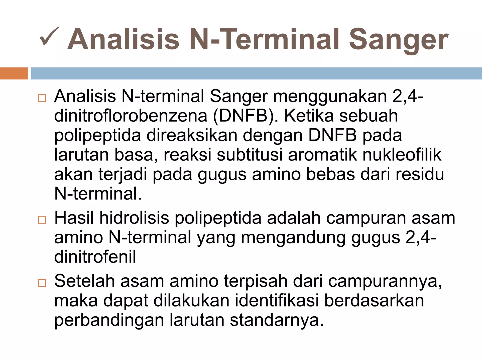  Analisis N-Terminal Sanger
 Analisis N-terminal Sanger menggunakan 2,4-
dinitroflorobenzena (DNFB). Ketika sebuah
polipeptida direaksikan dengan DNFB pada
larutan basa, reaksi subtitusi aromatik nukleofilik
akan terjadi pada gugus amino bebas dari residu
N-terminal.
 Hasil hidrolisis polipeptida adalah campuran asam
amino N-terminal yang mengandung gugus 2,4-
dinitrofenil
 Setelah asam amino terpisah dari campurannya,
maka dapat dilakukan identifikasi berdasarkan
perbandingan larutan standarnya.
 