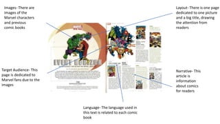 Images- There are
images of the
Marvel characters
and previous
comic books
Layout- There is one page
dedicated to one picture
and a big title, drawing
the attention from
readers
Target Audience- This
page is dedicated to
Marvel fans due to the
images
Narrative- This
article is
information
about comics
for readers
Language- The language used in
this text is related to each comic
book
 