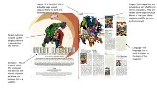 Images- the images that are
included are lots of different
marvel characters. They are
related to the topic because
Marvel is the topic of the
magazine and the pictures
are from marvel
Layout - It is clear that this is
a double page spread
because there is a dark line
between the two pages
Target audience-
I would say the
target audience
is people that
like marvel
Narrative - This is
a article about
‘the crossover
that defined the
marvel universe’
we know this
because this is a
subtitle.
Language- the
language that is
used is related to
the topic of the
magazine
 