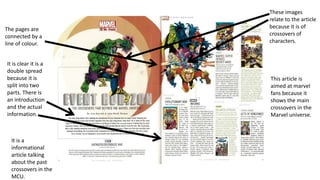 These images
relate to the article
because it is of
crossovers of
characters.
The pages are
connected by a
line of colour.
It is clear it is a
double spread
because it is
split into two
parts. There is
an introduction
and the actual
information.
This article is
aimed at marvel
fans because it
shows the main
crossovers in the
Marvel universe.
It is a
informational
article talking
about the past
crossovers in the
MCU.
 