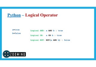 Python – Logical Operator
a=true
b=false
Logical AND: a AND b : true
Logical OR: a OR b : true
Logical NOT: NOT(a AND b) : false
 