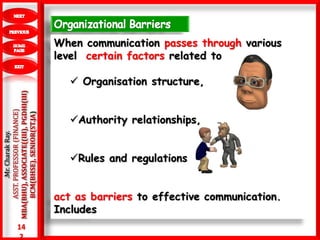 14
2
.Mr.CharakRay.
ASST.PROFESSOR(FINANCE)
MBA(BHU),ASSOCIATE((III),PGDHI(III)
BCM(BHSE),SENIOR(ST.JA)
When communication passes through various
level certain factors related to
 Organisation structure,
Authority relationships,
Rules and regulations
act as barriers to effective communication.
Includes
 