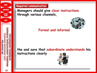15
.Mr.CharakRay.
ASST.PROFESSOR(FINANCE)
MBA(BHU),ASSOCIATE((III),PGDHI(III)
BCM(BHSE),SENIOR(ST.JA) Managers should give clear instructions
through various channels,
Formal and informal
the and sure that subordinate understands his
instructions clearly
 