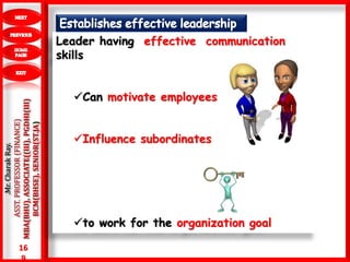16
9
.Mr.CharakRay.
ASST.PROFESSOR(FINANCE)
MBA(BHU),ASSOCIATE((III),PGDHI(III)
BCM(BHSE),SENIOR(ST.JA)
Leader having effective communication
skills
Can motivate employees
Influence subordinates
to work for the organization goal
 