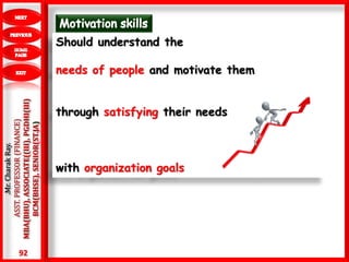 92
.Mr.CharakRay.
ASST.PROFESSOR(FINANCE)
MBA(BHU),ASSOCIATE((III),PGDHI(III)
BCM(BHSE),SENIOR(ST.JA)
Should understand the
needs of people and motivate them
through satisfying their needs
with organization goals
 