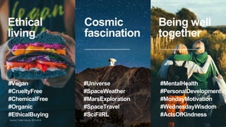 Design —can we show the three
trends along with their related
hashtags
Ethical living,
Cosmic fascination,
Being Well Together?
Also build them in on click
Ethical
living
Cosmic
fascination
Being well
together
#Vegan
#CrueltyFree
#ChemicalFree
#Organic
#EthicalBuying
#Universe
#SpaceWeather
#MarsExploration
#SpaceTravel
#SciFiIRL
#MentalHealth
#PersonalDevelopment
#MondayMotivation
#WednesdayWisdom
#ActsOfKindness
Source | Twitter Internal, 2016-2018
 