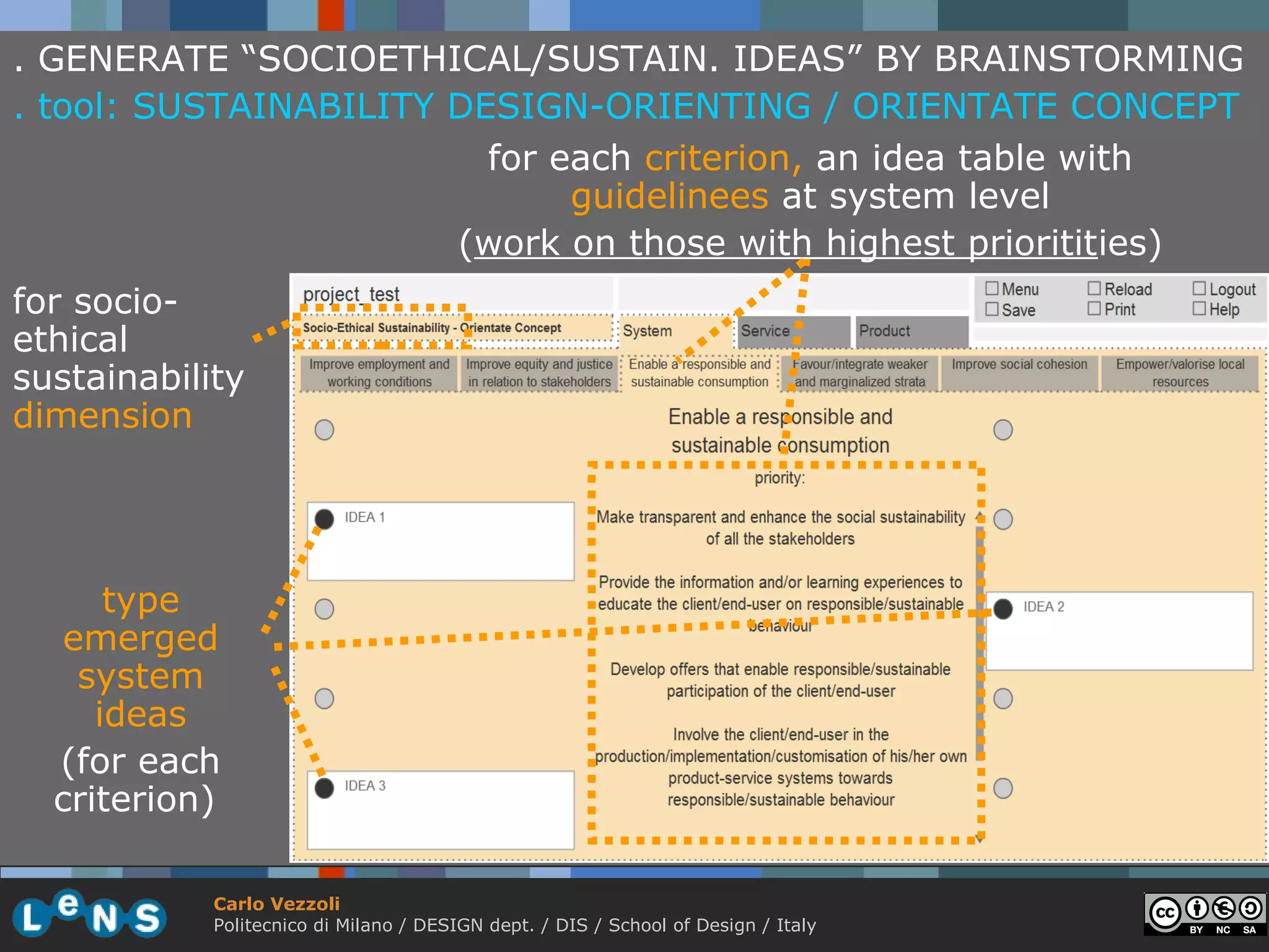 . GENERATE “SOCIOETHICAL/SUSTAIN. IDEAS” BY BRAINSTORMING
. tool: SUSTAINABILITY DESIGN-ORIENTING / ORIENTATE CONCEPT
                         for each criterion, an idea table with
                              guidelinees at system level
                       (work on those with highest prioritities)
for socio-
ethical
sustainability
dimension




      type
   emerged
    system
     ideas
  (for each
  criterion)

            Carlo Vezzoli
            Politecnico di Milano / DESIGN dept. / DIS / School of Design / Italy
 