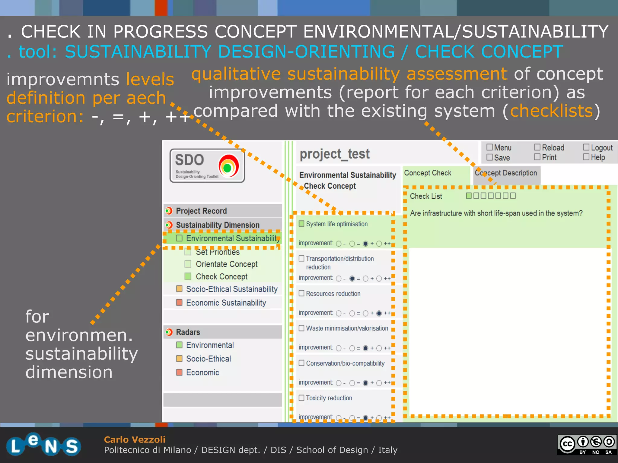. CHECK IN PROGRESS CONCEPT ENVIRONMENTAL/SUSTAINABILITY
. tool: SUSTAINABILITY DESIGN-ORIENTING / CHECK CONCEPT
improvemnts levels qualitative sustainability assessment of concept
definition per aech      improvements (report for each criterion) as
criterion: -, =, +, ++ compared with the existing system (checklists)




  for
  environmen.
  sustainability
  dimension


           Carlo Vezzoli
           Politecnico di Milano / DESIGN dept. / DIS / School of Design / Italy
 