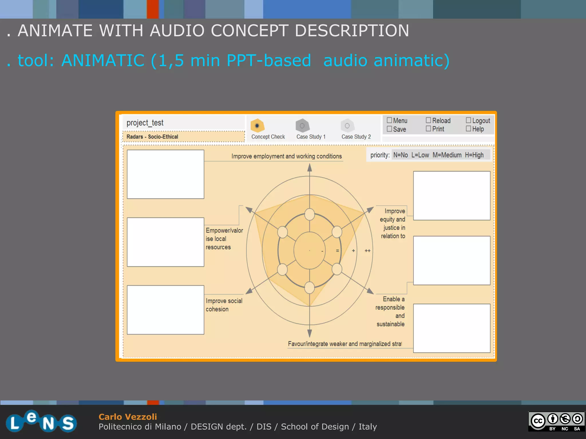 . ANIMATE WITH AUDIO CONCEPT DESCRIPTION
. tool: ANIMATIC (1,5 min PPT-based audio animatic)




          Carlo Vezzoli
          Politecnico di Milano / DESIGN dept. / DIS / School of Design / Italy
 