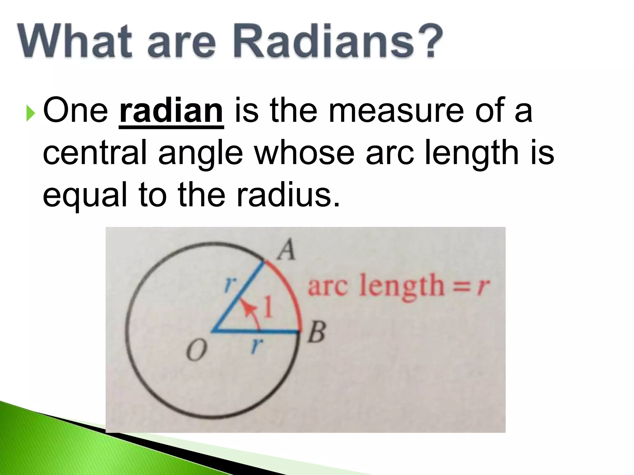  One
radian is the measure of a
central angle whose arc length is
equal to the radius.
