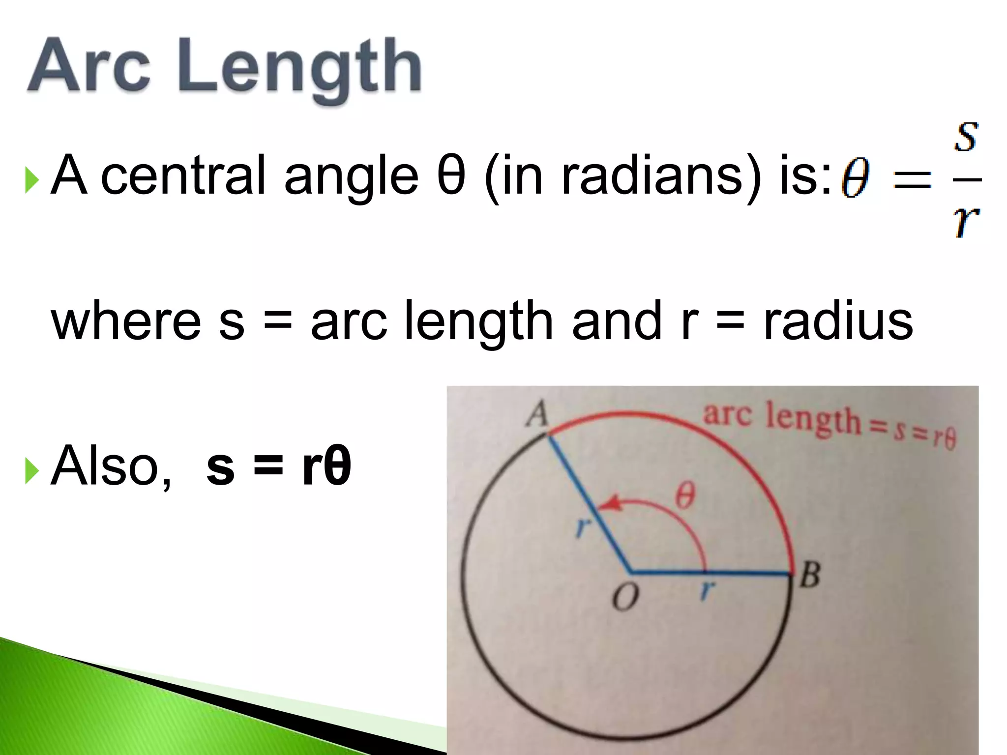 A
central angle θ (in radians) is:
where s = arc length and r = radius
Also,
s = rθ