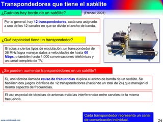 Transpondedores que tiene el satélite
24www.coimbraweb.com
¿Cuántos hay bordo de un satélite?
Cada transpondedor represent...