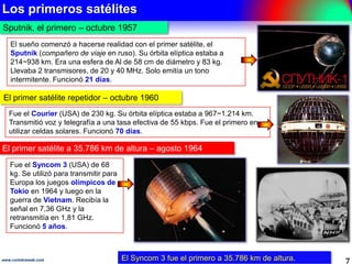 Los primeros satélites
7www.coimbraweb.com
Sputnik, el primero – octubre 1957
El Syncom 3 fue el primero a 35.786 km de al...