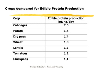 Tropical Horticulture - Texas A&M University
Crops compared for Edible Protein Production
Crop Edible protein production
kg/ha/day
Cabbages 2.0
Potato 1.4
Dry peas 1.4
Wheat 1.3
Lentils 1.3
Tomatoes 1.2
Chickpeas 1.1
 