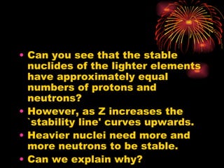 Can you see that the stable nuclides of the lighter elements have approximately equal numbers of protons and neutrons? However, as Z increases the `stability line' curves upwards. Heavier nuclei need more and more neutrons to be stable. Can we explain why? 