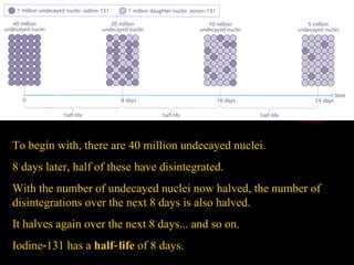 To begin with, there are 40 million undecayed nuclei. 8 days later, half of these have disintegrated. With the number of undecayed nuclei now halved, the number of disintegrations over the next 8 days is also halved. It halves again over the next 8 days... and so on. Iodine‑131 has a  half‑life  of 8 days. 