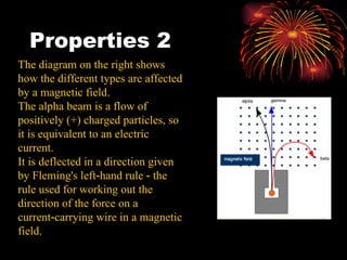 Properties 2 The diagram on the right shows how the different types are affected by a magnetic field. The alpha beam is a flow of positively (+) charged particles, so it is equivalent to an electric current. It is deflected in a direction given by Fleming's left‑hand rule ‑ the rule used for working out the direction of the force on a current‑carrying wire in a magnetic field. 