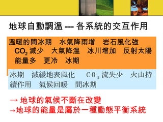 地球自動調溫 --- 各系統的交互作用 溫暖的間冰期  水氣降雨增  岩石風化強  CO 2 減少  大氣降溫  冰川增加  反射太陽能量多  更冷  冰期 冰期  減緩地表風化    CO 2 流失少  火山持續作用  氣候回暖  間冰期 -> 地球的氣候不斷在改變 ->地球的能量是屬於一種動態平衡系統 