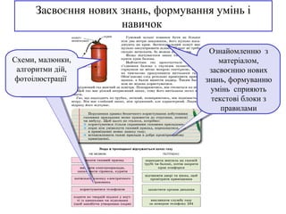 Засвоєння нових знань, формування умінь і
навичок
Ознайомленню з
матеріалом,
засвоєнню нових
знань, формуванню
умінь сприяють
текстові блоки з
правилами
Схеми, малюнки,
алгоритми дій,
фотоілюстрації
 
