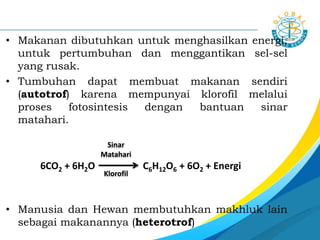 Makanan dibutuhkan untuk menghasilkan energi,
untuk pertumbuhan dan menggantikan sel-sel
yang rusak.
 Tumbuhan dapat membuat makanan sendiri
(autotrof) karena mempunyai klorofil melalui
proses fotosintesis dengan bantuan sinar
matahari.
6CO2 + 6H2O C6H12O6 + 6O2 + Energi
 Manusia dan Hewan membutuhkan makhluk lain
sebagai makanannya (heterotrof)
Sinar
Matahari
Klorofil
 