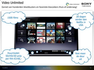 Video Unlimited
Geniet van honderden blockbusters en favoriete klassiekers thuis of onderweg!



       1500 films                                                           28 dagen
                                                                           eerder dan
                                                                            Netflix in
                                                                              USA




      Huurmodel:                                                           Niet meer
    SD/HD/3D prijs                                                          de deur
    per film €3-€6,-                                                           uit


7-2-2012                                  Sony Benelux                                   12
 