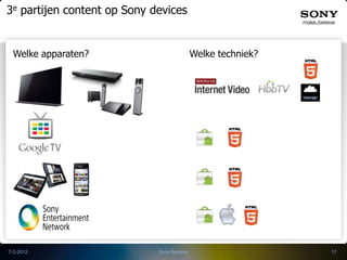 3e partijen content op Sony devices


 Welke apparaten?                           Welke techniek?




7-2-2012                     Sony Benelux                     17
 