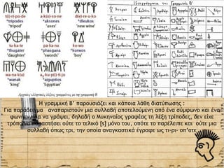 Η γραμμική Β’ παρουσιάζει και κάποια λάθη διατύπωσης :
Για παράδειγμα αναπαριστούν µια συλλαβή αποτελούµενη από ένα σύµφωνο και ένα
  φωνήεν. Για να γράψει, δηλαδή ο Μυκηναίος γραφέας τη λέξη τρίποδες, δεν είχε
 τρόπο να παραστήσει ούτε το τελικό [s] µόνο του, οπότε το παρέλειπε και ούτε µια
        συλλαβή όπως τρι, την οποία αναγκαστικά έγραφε ως τι-ρι- οπ’οτε
 