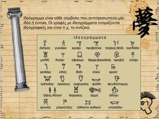 Ιδεόγραμμα είναι κάθε σύμβολο που αντιπροσωπεύει μία
ιδέα ή έννοια. Οι γραφές με ιδεογράμματα ονομάζονται
ιδεογραφικές και είναι π.χ. τα κινέζικα.
.
 