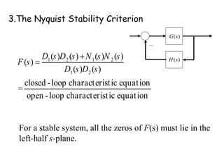 3.The Nyquist Stability Criterion
)
(s
G
)
(s
H
1 2 1 2
1 2
( ) ( ) ( ) ( )
( )
( ) ( )
=
D s D s N s N s
F s
D s D s


closed -loop characteristic equation
open -loop characteristic equation
For a stable system, all the zeros of F(s) must lie in the
left-half s-plane.
 