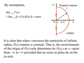 Nyquist contour
r 
0
S

s
jw
s-plane
It is clear that when s traverses the semicircle of infinite
radius, F(s) remains a constant. That is, the encirclements
of the origin of F(s) only determines by F(j ) as  varies
from  to + provided that no zeros or poles lie on the
j axis.
lim ( )
lim [1 ( ) ( )] const.
s
s
F s
G s H s


  
By assumption,
 