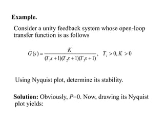 Example.
Consider a unity feedback system whose open-loop
transfer function is as follows
1 2 3
( ) , 0, 0
( 1)( 1)( 1)
i
K
G s T K
T s T s T s
  
  
Using Nyquist plot, determine its stability.
Solution: Obviously, P=0. Now, drawing its Nyquist
plot yields:
 