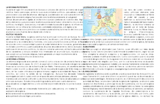 A E MA P E A E
L R FOR ROT ST NT
ra e e g e re e e E r a r e de a a er r de a g e a
D u nt l si lo X VI s p s ntó n u op un p oc so c m bio l int io l I l si
a a ar er a e e re e e e ra a e ad re re g
c tólic . V ios p son j s, nt los qu s ncont b n políticos, p ns o s y li iosos,
r er a er e de re r a de g a e der ar e a e a d de a
p om ov i on un s i fo m s i oló ic s qu iv on n un nu v iv isión l
g e a E e e re g e d a re r a r e a e e a ge er
I l si . st movimi nto li ioso fu conoci o como l fo m p ot st nt , l cu l n ó
r a de e a e gada a r a e a erd ra e e r d a A g
fo m s p ns m i nto li s l c isti nism o qu ún p u n n nu st os í s. l unos
de e e e e r ar a re r a r e a e er e e re e re a
los l m ntos qu p ov oc on l fo m p ot st nt fu on: l st cho v ínculo nt l
a a re g a e e a a ad rada r e a de a g e a a e a de
polític y l li ión; l x c siv y m l m inist iqu z l I l si ; l influ nci l
a r a a a e a dade e e a e regre a a
hum nismo con su c ític l s institucion s y ctivi s cl siástic s; y l so l s
e e de r a r a re e ra de a a a a de r e a r
fu nt s l c isti nism o p im itiv o con l l ctu l Bibli , l im it ción C isto y l m o
a r e e de a da de d r a
l p ójim o com o fu nt s l v i to o c isti no.
P A E G
OLÍTIC Y R LI IÓN
ra e a Edad Med a a g e a a a e a r a e E r a
D u nt l i , l I l si c tólic fu l p incip l institución n u op . No solo
ad ra a e red re g a ra e a d e e a a d ere a e re
m inist b l c o li ioso, los s c m ntos, l s ióc sis, y n últim s, l if nci nt
a a a a de a de re e a e a e Pa a era
l s lv ción y l con n los hom b s, sino qu cum plí funcion s polític s: l p
re d a a r dad er r a der erre a de ar a g er a a e
conoci o com o un uto i sup io l po t n l los m on c s, ob n b n
E ad ar a a de a d a de der e re re e r e E a
los st os pontificios y p ticip b l s isput s po nt los inos u op os. st
ar a e a a re a er a e e de e a a r a
p ticip ción n suntos políticos, los busos sob l s p son s y l h cho qu l m yo í
de a erd e e a a ere ad e a ar r e a arg
los s c ot s y obispos st b n m ás int s os n cum ul lujos, iqu z s y c os,
e r e re g a er ge era d a r r de a
qu cumpli con sus funcion s li ios s, fu on n n o un m yo inconfo mismo l
edad re e a a e e a
soci f nt l institución cl siástic .
A E MA E A A
L R FOR LUT R N
a re r a re g a de e e er d e a a de r e a re e a a
L fo m li ios st p ío o com nzó com o un cción p ot st f nt l s
ar rar edade de a a E e a a e re a e a de d ge a ara
bit i s los p p s. n 1517, l p p L ón X of ció l v nt in ul nci s p
a ar a r de a a a de a Pedr re e a e e a erd e a e
fin nci l const ucción l B sílic S n o. F nt sto, l s c ot l m án
Mar er r de a erd e a er a de a g e a de e erg
tín Lut o m ost ó su s cu o y fijó n l pu t l i l si Witt nb sus 95
e e a a e r a a a a g e a r a a ega a a a r dad de Pa a de
t sis, n l s cu l s c itic b l I l si om n , n b l uto i l p y los
a a a de de a d ge a A e e de arad ere e
concilios, sí com o l v li z l s in ul nci s. unqu fu cl o h j y
e gad r e er e a de ar r e a e a e de e a
xcomul o po L ón X, Lut o contó con l poyo v ios p íncip s l m n s y st
a era d r a ar d d r d r a r da e e a a er ad ada r ar
m n pu o p ocl m y ifun i su oct in ápi m nt , h st s opt po v ios
r e e r e E a d r a e d g a de a a a e a r e e e
p íncip s u op os. st oct in s istin uí l c tólic n cu t o l m ntos:
■ a a a
L s lv ci
ó e rega de e e e r ed de a e r a e a
n s un lo D ios y solo s obti n po m io l f , no po l s bu n s
ra
ob s.
■ a a ede er er re ada re e e r ada er a ed ar a
L B ibli pu s int p t lib m nt po c p son , sin m i l
e a
xplic ció de a g e a
n l I l si .
■ e re e a ra e de a a e ar
Solo s conoc n los s c m ntos l b utismo y l uc istía.
■ e r e e a a rge a a
S sup im l culto l Vi n y los s ntos.
A E PA E A E MA
L X NSIÓN D L R FOR
a e de er r er a
L s t sis Lut o si v i on
ar r e a e a e ara
v ios p íncip s l m n s p
ar de e de a re e
im puls su in p n nci f nt
a der de a ad ara
l po l p p o y p
rea r ar a a re e a
fi m su utonom í f nt
ar e erad r de a r er
C los V, mp o l S c o Imp io.
Ade a d r a era a e
m ás, l oct in lut n s
e a d r e r e de E r a
xp n ió po l no t u op ,
A e a a a Pa e a
l m ni , S uiz , los ís s B jos,
a a g a e a a
l nti u C h coslov qui ,
E a ar e de ra a r
scoci y p t F nci . Ot os
re r ad re rg er r
fo m o s su i on, com o po
e e r g e r a a a e a e a dea de a a a
j mplo Ul ico Zwin lio, qui n p ocl m b n los c nton s suizos l i l s lv ción
ed a e a e a e e r a e r re a g e a re a a a
m i nt l f , l ti m po qu p om ov í l cont ol civ il sob l I l si , ch z b
a e e a de rga r e e a e re e er
l x ist nci l pu to io y l c lib to nt l cl o.
E A M
L C LVINIS O
E ra a rg e re r ad r a a e d d dea de de
n F nci su ió l fo m o Ju n C lv ino, qui n ifun ió sus i s s
G e ra a a r a a d r a de a rede a eg a a
in b , S uiz . C lv ino p ocl m ó l oct in l p stin ción, s ún l cu l
rga a a a a a a g a ega a a r e a ra
D ios oto b l s lv ción l unos y l n b ot os, sin qu l s ob s
erre a e d era d ar e a de er e e d a
t n l s pu i n m o ific st cisión. C om o concluy on qu no s po í
er e de g d rg e e e er e r e a e
conoc l si nio iv ino, los bu u s s m ás x itosos v i on n sus iqu z s l
g de a er d e eg d r r a e a d r a e e a d
si no h b si o l i os po D ios, po lo cu l st oct in s x p n ió
r da e e e re a rg e a e dade e a e er e e e er a e
ápi m nt nt l bu u sí n ciu s y n n cion s fu t m nt com ci l s como
Pa e a E a ar e de ra a a d r a a a a
los ís s B jos, scoci y p t F nci . L oct in c lv inist t m bién
r a d a a ge e e a ega a r g r a e e a a a
p ohibí to o culto l s im á n s y s p b i u os m nt l B ibli .
E A G A M
L N LIC NIS O
E g a erra a re r a e d a ar r de a d a e re e re E r e e
n In l t , l fo m s io p ti un isput nt l y n iqu VIII y l
a a e e e e e e a r e e re e d r ara de
p p C l m nt VII, pu s st últim o no uto izó qu l y s iv o ci su
e a a a a de Arag A e e a a e 3 E r e de a
spos C t lin ón. nt st situ ción, n 15 4 n iqu VIII sconoció l
a r dad de Pa a e r a e e de a g e a de g a erra e d r ara
uto i l p , s p ocl m ó j f l I l si In l t , s iv o ció p
a ar e A a e a r g a e de re a a a a a g e a
c s s con n B ol n , y p om ul ó l L y S up m cí , con l cu l l I l si
eda a rd ada a a r a g e a e e rega a d e e a e a g e a
qu b subo in l co on in l s y l nt b to os sus bi n s. L nu v I l si
a a A g a a e e e e de a d r a a a e a r e e
N cion l n lic n , m zcló l m ntos l oct in c tólic y l c lvinismo, po j mplo,
a re a a de a agrada E r ra d ree e a a
sostuv o l sup m cí l s S s sc itu s, io p m in nci los
a ra e de a a e ar a r er d r r er
s c m ntos l b utism o y l uc istí , po s institui os po C isto, p o
a e a a r e a e d r a g e a Ade re a a
c pt b los ot os cinco st bl ci os po l I l si . m ás, no ch zó l s
 