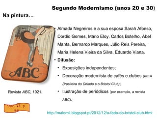 Segundo Modernismo (anos 20 e 30)
Na pintura…
• Almada Negreiros e a sua esposa Sarah Afonso,
Dordio Gomes, Mário Eloy, Ca...