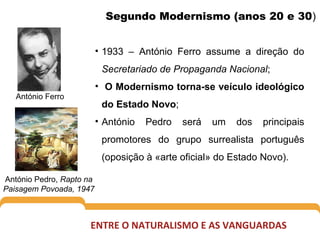 Segundo Modernismo (anos 20 e 30)
• 1933 – António Ferro assume a direção do
Secretariado de Propaganda Nacional;
• O Mode...