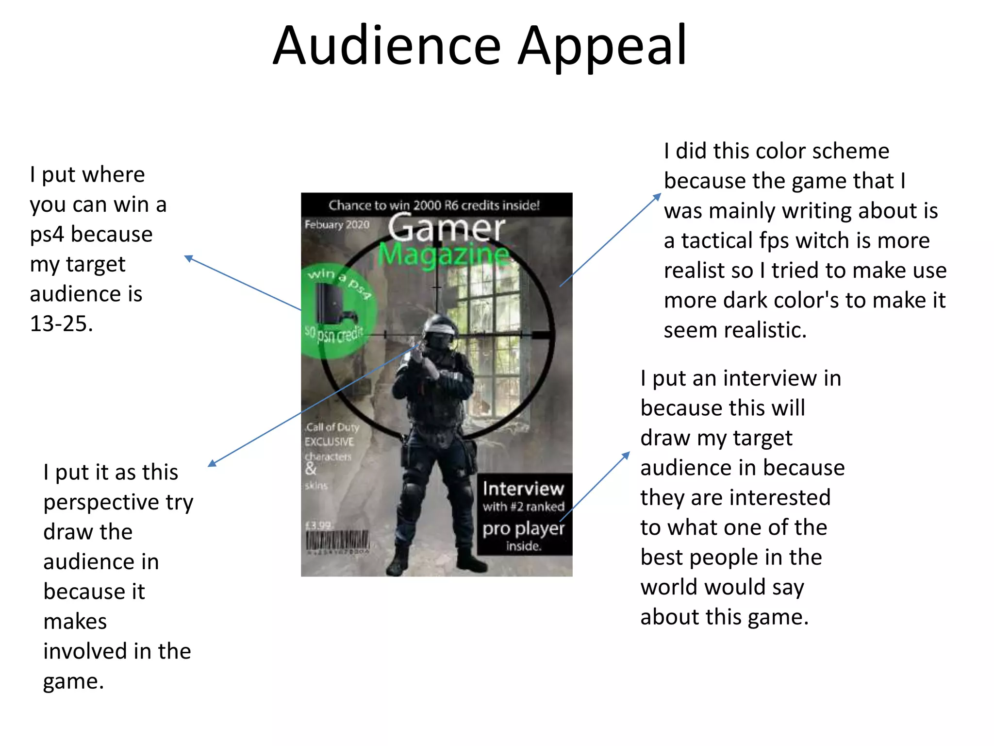 Audience Appeal
I put where
you can win a
ps4 because
my target
audience is
13-25.
I put an interview in
because this will
draw my target
audience in because
they are interested
to what one of the
best people in the
world would say
about this game.
I put it as this
perspective try
draw the
audience in
because it
makes
involved in the
game.
I did this color scheme
because the game that I
was mainly writing about is
a tactical fps witch is more
realist so I tried to make use
more dark color's to make it
seem realistic.
 