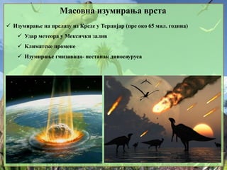 Масовна изумирања врста
 Изумирање на прелазу из Креде у Терцијар (пре око 65 мил. година)
 Удар метеора у Мексички залив
 Климатске промене
 Изумирање гмизаваца- нестанак диносауруса
 