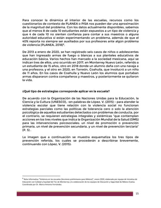 15
Para conocer la dinámica al interior de las escuelas, recursos como los
cuestionarios de contexto de PLANEA o PISA nos pueden dar una aproximación
de la magnitud del problema. Con los datos actualmente disponibles, sabemos
que al menos 8 de cada 10 estudiantes están expuestos a un tipo de violencia y
que 4 de cada 10 no sienten confianza para contar a sus maestros o alguna
autoridad educativa si están experimentando un problema, además de que el
40% reporta no siempre ser auxiliados por sus profesores ante algún problema
de violencia (PLANEA, 2018)8
.
De 2013 a enero de 2020, se han registrado seis casos de niños o adolescentes
que han ingresado armas de fuego o blancas a sus planteles educativos de
educación básica. Varios hechos han marcado a la sociedad mexicana, aquí se
indican tres de ellos, uno ocurrido en 2017, en Monterrey Nuevo León, referido a
un estudiante de 15 años, otro en 2018 donde un alumno daña con una navaja a
una profesora; y el otro en 2020, en Torreón, Coahuila, que involucró a un niño
de 11 años. En los casos de Coahuila y Nuevo León los alumnos que portaban
armas dispararon contra compañeros y maestros, y posteriormente se quitaron
la vida.
¿Qué tipo de estrategias corresponde aplicar en la escuela?
De acuerdo con la Organización de las Naciones Unidas para la Educación, la
Ciencia y la Cultura (UNESCO), -en palabras de López, V. (2015) - para atender la
violencia escolar que tiene relación con la violencia social no funcionan
estrategias parciales como las políticas de tolerancia cero o solo la atención
psicológica de aquellos estudiantes detectados con problemas de conducta, por
el contrario, se requieren estrategias integrales y sistémicas “que contemplan
acciones en los tres niveles que indica la Organización Mundial de la Salud (OMS)
para las intervenciones psicosociales: un nivel de promoción o prevención
primaria, un nivel de prevención secundaria, y un nivel de prevención terciaria”
(P. 5) .
La imagen que a continuación se muestra esquematiza los tres tipos de
prevención referida, los cuales se procederán a describirse brevemente,
continuando con López, V. (2015):
8
Nota Informativa “Violencia en las escuelas (lecciones preliminares para México)”, enero 2020, elaborada por equipo de Iniciativa de
Educación con Calidad y Equidad del Tec de Monterrey y la colaboración de los equipos de Educación y Seguridad de México Evalúa.
Coordinada por Dr. Marco Antonio Fernández.
 