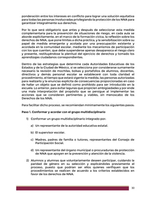 30
ponderación entre los intereses en conflicto para lograr una solución equitativa
para todas las personas involucradas privilegiando la protección de los NNA para
garantizar integralmente sus derechos.
Por lo que será obligatorio que antes y después de seleccionar esta medida
complementaria para la prevención de situaciones de riesgo, en cada aula se
aborde explícitamente, en el marco de la formación cívica, la reflexión sobre los
derechos de NNA, que pone límites a dicha práctica, y la sensibilización sobre su
papel de medida emergente y acotada por una preocupación existente y
acordada en la comunidad escolar, mediante los mecanismos de participación
con los que cuenten, que debe suspenderse apenas desaparezca el riesgo claro
y presente, restituyéndose la plenitud del ejercicio de derechos y tomado los
aprendizajes ciudadanos correspondientes.
Dentro de las estrategias que determine cada Autoridades Educativas de los
Estados y de la Ciudad de México, si se selecciona por considerarse sumamente
necesario la revisión de mochilas, bolsas y portafolios de alumnos, docentes,
directivos y demás personal escolar se estableceré con toda claridad el
procedimiento, el tiempo que estará vigente la medida, las personas autorizadas
para realizarlo y la enuncias explícita de consecuencias proporcionadas en caso
de hallar un objeto que se definió como prohibido para ser introducido en la
escuela. Lo anterior, para evitar lagunas que propicien ambigüedades y por ende
una mala interpretación del propósito que se persigue al implementar las
acciones que se consideren pertinentes y viables, sin menoscabo de los
Derechos de los NNA.
Para facilitar dicho proceso, se recomiendan mínimamente los siguientes pasos:
Paso 1. Conformar y acordar con el grupo multidisciplinario
1) Conformar un grupo multidisciplinario integrado por:
a) Un representante de la autoridad educativa estatal.
b) El supervisor escolar.
c) Madres, padres de familia o tutores, representantes del Consejo de
Participación Social.
d) Un representante del órgano municipal o procuradurías de protección
de NNA que apoyen en la prevención y atención de la violencia.
2) Alumnos y alumnas que voluntariamente deseen participar, cuidando la
paridad de género en su selección y explicándoles previamente el
proceso, puesto que podrían ser ellos quienes verifiquen que los
procedimientos se realicen de acuerdo a los criterios establecidos en
favor de los derechos de NNA.
 