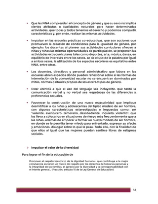 53
 Que las NNA comprendan el concepto de género y que su sexo no implica
ciertos atributos o cualidades naturales para hacer determinadas
actividades, que todas y todos tenemos el derecho y podemos compartir
características y, por ende, realizar las mismas actividades.
 Impulsar en las escuelas prácticas co-educativas, que son acciones que
promueven la creación de condiciones para la igualdad de género, por
ejemplo: los docentes al planear sus actividades curriculares ofrecen a
niñas y niños las mismas oportunidades de participación, se proponen las
actividades extracurriculares tales como deportes, arte, música, danza, en
equilibrio de intereses entre los sexos, se da el uso de la palabra por igual
a ambos sexos, la utilización de los espacios escolares es equitativa entre
NNA, entre otras.
 Los docentes, directivos y personal administrativo que labora en las
escuelas abren espacios donde pueden reflexionar sobre si las formas de
interrelación de la comunidad escolar no se encuentran dominadas por
mitos, normas o rituales propios de los estereotipos de género.
 Estar atentos a que el uso del lenguaje sea incluyente, que tanto la
comunicación verbal y no verbal sea respetuosa de las diferencias y
preferencias sexuales.
 Favorecer la construcción de una nueva masculinidad que implique
desmitificar a los niños y adolescentes del típico modelo de ser hombre,
con algunas características estereotipadas e impuestas como: ser
“valiente, aventurero, temerario, desobediente, inquieto, violento”, que
los lleva a colocarlos en situaciones de riesgo más frecuentemente que a
las niñas; además de empezar a formar un nuevo modelo de ser hombre,
en donde se le permita tener miedo para enfrentarlo, expresar su afecto
y emociones, dialogar sobre lo que le pasa. Todo ello, con la finalidad de
que ellos al igual que las mujeres puedan sentirse libres de estigmas
sociales.
 Impulsar el valor de la diversidad
Para lograr el fin de la educación de
Promover el respeto irrestricto de la dignidad humana… que contribuya a la mejor
convivencia social en un marco de respeto por los derechos de todas las personas y
la integridad de las familias, el aprecio por la diversidad y la corresponsabilidad con
el interés general… (Fracción, artículo 15 de la Ley General de Educación)
 