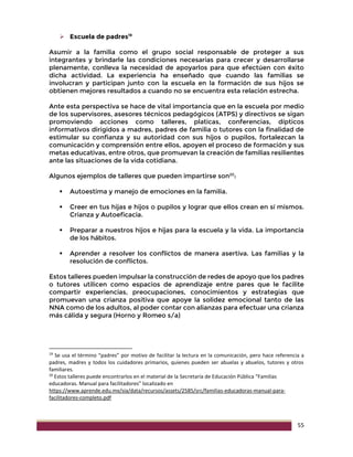 55
 Escuela de padres19
Asumir a la familia como el grupo social responsable de proteger a sus
integrantes y brindarle las condiciones necesarias para crecer y desarrollarse
plenamente, conlleva la necesidad de apoyarlos para que efectúen con éxito
dicha actividad. La experiencia ha enseñado que cuando las familias se
involucran y participan junto con la escuela en la formación de sus hijos se
obtienen mejores resultados a cuando no se encuentra esta relación estrecha.
Ante esta perspectiva se hace de vital importancia que en la escuela por medio
de los supervisores, asesores técnicos pedagógicos (ATPS) y directivos se sigan
promoviendo acciones como talleres, platicas, conferencias, dípticos
informativos dirigidos a madres, padres de familia o tutores con la finalidad de
estimular su confianza y su autoridad con sus hijos o pupilos, fortalezcan la
comunicación y comprensión entre ellos, apoyen el proceso de formación y sus
metas educativas, entre otros, que promuevan la creación de familias resilientes
ante las situaciones de la vida cotidiana.
Algunos ejemplos de talleres que pueden impartirse son20
:
 Autoestima y manejo de emociones en la familia.
 Creer en tus hijas e hijos o pupilos y lograr que ellos crean en sí mismos.
Crianza y Autoeficacia.
 Preparar a nuestros hijos e hijas para la escuela y la vida. La importancia
de los hábitos.
 Aprender a resolver los conflictos de manera asertiva. Las familias y la
resolución de conflictos.
Estos talleres pueden impulsar la construcción de redes de apoyo que los padres
o tutores utilicen como espacios de aprendizaje entre pares que le facilite
compartir experiencias, preocupaciones, conocimientos y estrategias que
promuevan una crianza positiva que apoye la solidez emocional tanto de las
NNA como de los adultos, al poder contar con alianzas para efectuar una crianza
más cálida y segura (Horno y Romeo s/a)
19
Se usa el término “padres” por motivo de facilitar la lectura en la comunicación, pero hace referencia a
padres, madres y todos los cuidadores primarios, quienes pueden ser abuelas y abuelos, tutores y otros
familiares.
20
Estos talleres puede encontrarlos en el material de la Secretaría de Educación Pública “Familias
educadoras. Manual para facilitadores” localizado en
https://www.aprende.edu.mx/sia/data/recursos/assets/2585/src/familias-educadoras-manual-para-
facilitadores-completo.pdf
 