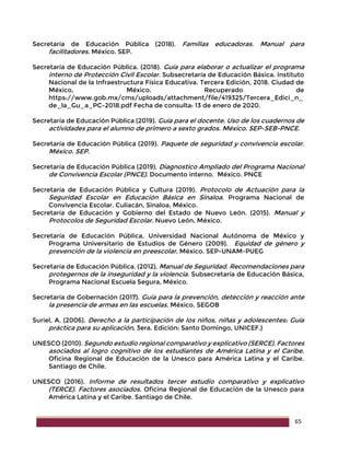 65
Secretaría de Educación Pública (2018). Familias educadoras. Manual para
facilitadores. México. SEP.
Secretaría de Educación Pública. (2018). Guía para elaborar o actualizar el programa
interno de Protección Civil Escolar. Subsecretaría de Educación Básica. Instituto
Nacional de la Infraestructura Física Educativa. Tercera Edición, 2018. Ciudad de
México, México. Recuperado de
https://www.gob.mx/cms/uploads/attachment/file/419325/Tercera_Edici_n_
de_la_Gu_a_PC-2018.pdf Fecha de consulta: 13 de enero de 2020.
Secretaría de Educación Pública (2019). Guía para el docente. Uso de los cuadernos de
actividades para el alumno de primero a sexto grados. México. SEP-SEB-PNCE.
Secretaría de Educación Pública (2019). Paquete de seguridad y convivencia escolar.
México. SEP.
Secretaría de Educación Pública (2019). Diagnostico Ampliado del Programa Nacional
de Convivencia Escolar (PNCE). Documento interno. México. PNCE
Secretaría de Educación Pública y Cultura (2019). Protocolo de Actuación para la
Seguridad Escolar en Educación Básica en Sinaloa. Programa Nacional de
Convivencia Escolar. Culiacán, Sinaloa, México.
Secretaría de Educación y Gobierno del Estado de Nuevo León. (2015). Manual y
Protocolos de Seguridad Escolar. Nuevo León, México.
Secretaría de Educación Pública, Universidad Nacional Autónoma de México y
Programa Universitario de Estudios de Género (2009). Equidad de género y
prevención de la violencia en preescolar. México. SEP-UNAM-PUEG
Secretaría de Educación Pública. (2012). Manual de Seguridad. Recomendaciones para
protegernos de la inseguridad y la violencia. Subsecretaría de Educación Básica,
Programa Nacional Escuela Segura, México.
Secretaría de Gobernación (2017). Guía para la prevención, detección y reacción ante
la presencia de armas en las escuelas. México. SEGOB
Suriel, A. (2006). Derecho a la participación de los niños, niñas y adolescentes: Guía
práctica para su aplicación, 3era. Edición: Santo Domingo, UNICEF.}
UNESCO (2010). Segundo estudio regional comparativo y explicativo (SERCE). Factores
asociados al logro cognitivo de los estudiantes de América Latina y el Caribe.
Oficina Regional de Educación de la Unesco para América Latina y el Caribe.
Santiago de Chile.
UNESCO (2016). Informe de resultados tercer estudio comparativo y explicativo
(TERCE). Factores asociados. Oficina Regional de Educación de la Unesco para
América Latina y el Caribe. Santiago de Chile.
 