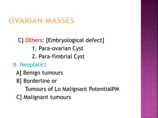 C] Others: [Embryological defect]
1. Para-ovarian Cyst
2. Para-fimbrial Cyst
II. Neoplatic:
A] Benign tumours
B] Borderline or
Tumours of Lo Malignant PotentialPM
C] Malignant tumours
 