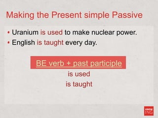 Making the Present simple Passive
Uranium is used to make nuclear power.
English is taught every day.
BE verb + past participle
is used
is taught
 