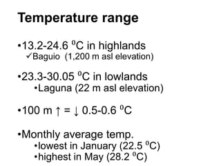 Temperature range
•13.2-24.6 ⁰C in highlands
Baguio (1,200 m asl elevation)
•23.3-30.05 ⁰C in lowlands
•Laguna (22 m asl elevation)
•100 m ↑ = ↓ 0.5-0.6 ⁰C
•Monthly average temp.
•lowest in January (22.5 ⁰C)
•highest in May (28.2 ⁰C)
 
