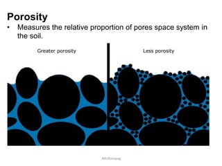 Porosity
• Measures the relative proportion of pores space system in
the soil.
JMUBanayag
 
