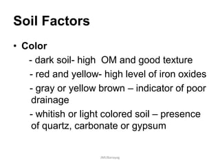 Soil Factors
• Color
- dark soil- high OM and good texture
- red and yellow- high level of iron oxides
- gray or yellow brown – indicator of poor
drainage
- whitish or light colored soil – presence
of quartz, carbonate or gypsum
JMUBanayag
 