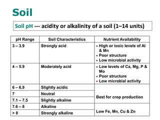 Soil pH --- acidity or alkalinity of a soil (1–14 units)
pH Range Soil Characteristics Nutrient Availability
3 – 3.9 Strongly acid  High or toxic levels of Al
& Mn
 Poor structure
 Low microbial activity
4 – 5.9 Moderately acid  Low levels of Ca, Mg, P &
Mo
 Poor structure
 Low microbial activity
6 – 6.9 Slightly acidic
Best for crop production
7 Neutral
7.1 – 7.5 Slightly alkaline
7.6 – 8 Alkaline
Low Fe, Mn, Cu & Zn> 8 Strongly alkaline
Soil
 
